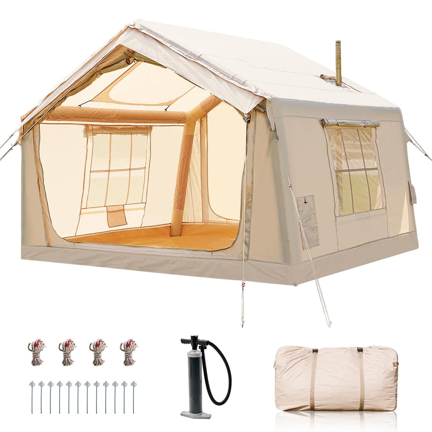 Inflatable camping tent with manual air pump