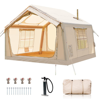 Inflatable camping tent with manual air pump