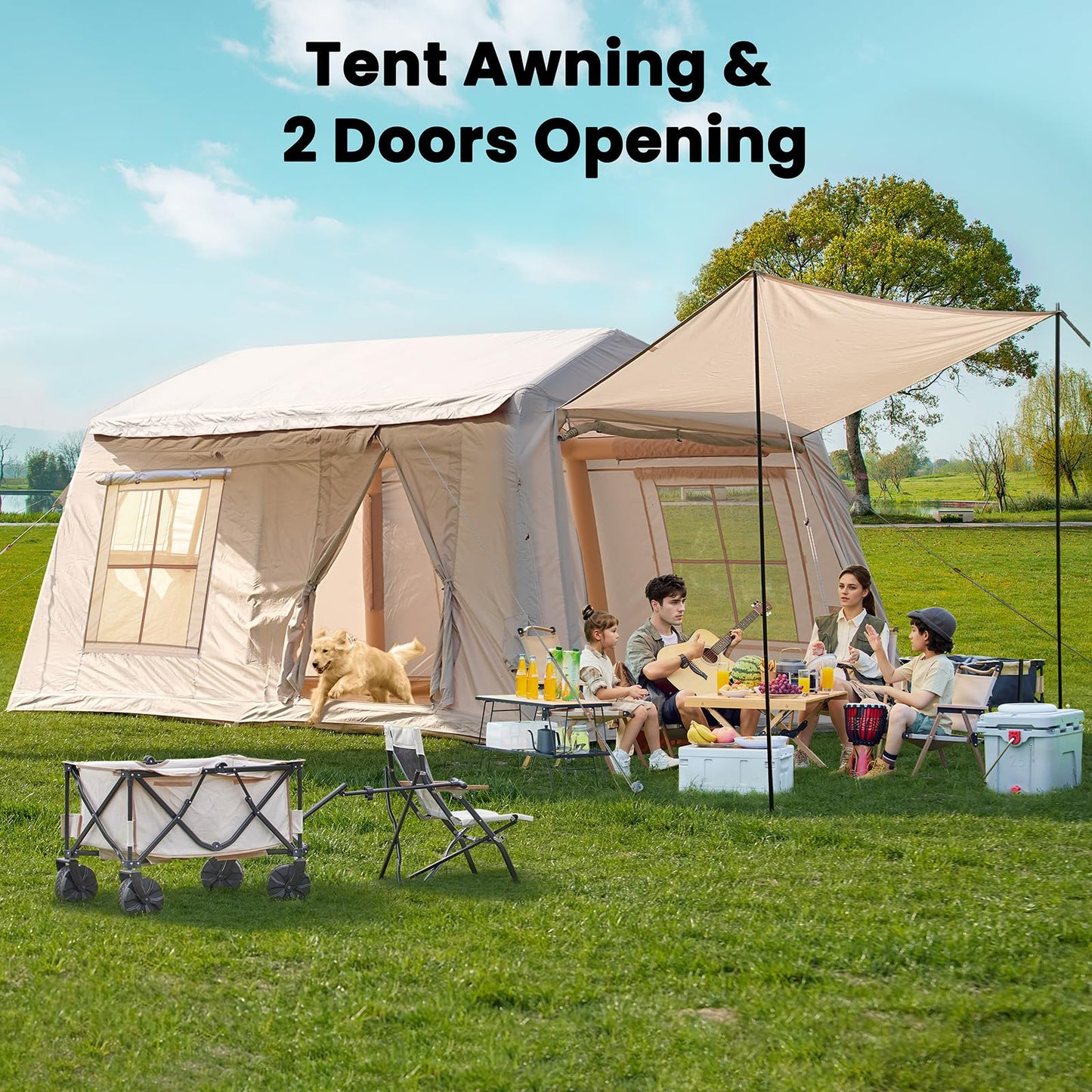 Inflatable camping tent with manual air pump