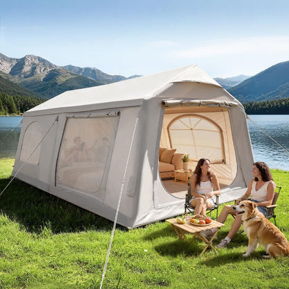 Inflatable camping tent with manual air pump