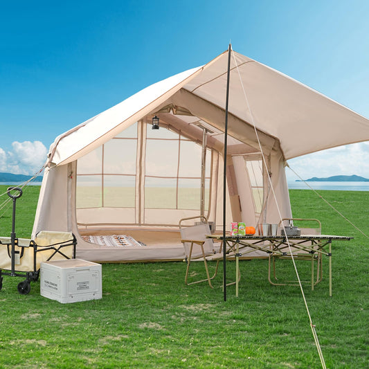 Inflatable camping tent with manual air pump