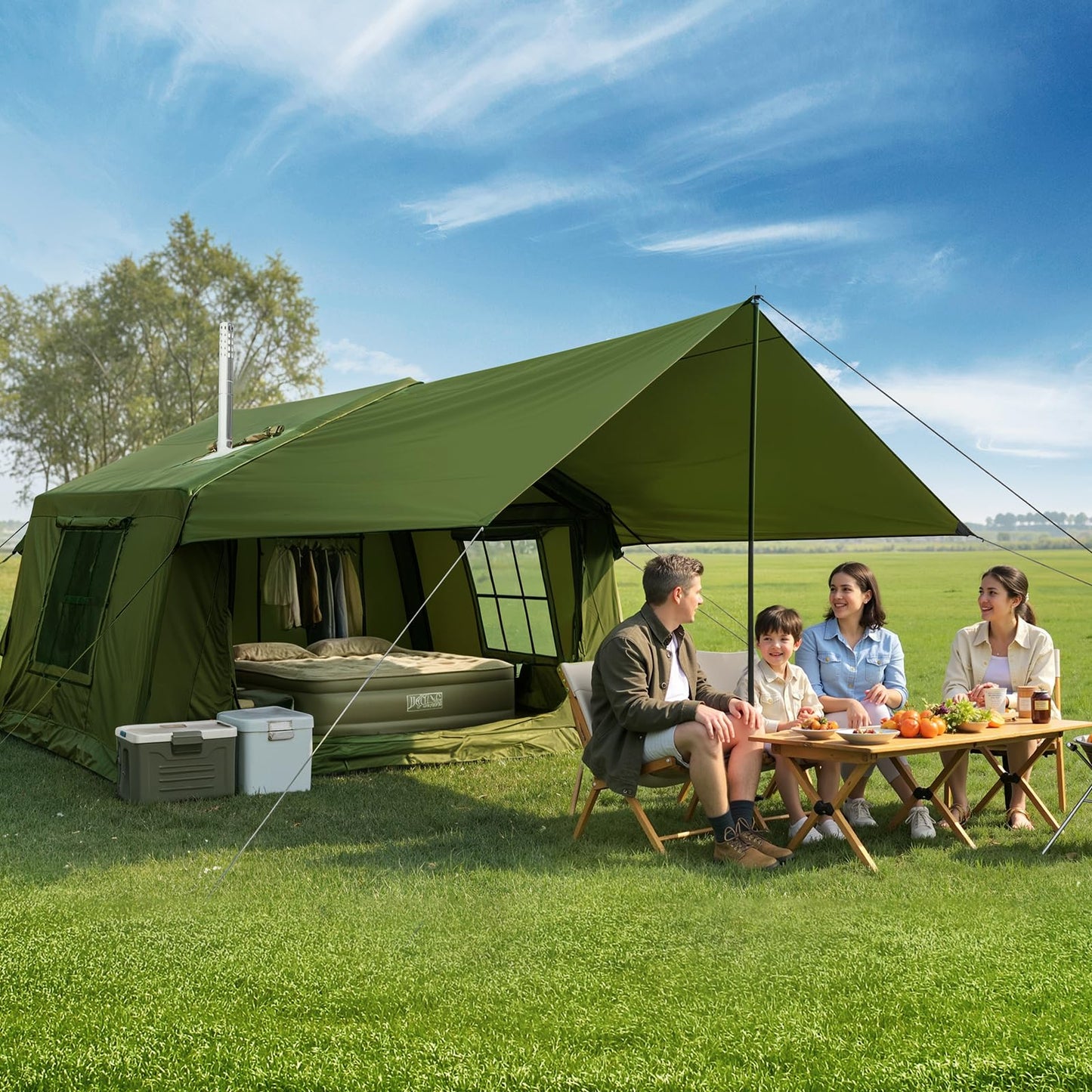 Inflatable camping tent with manual air pump