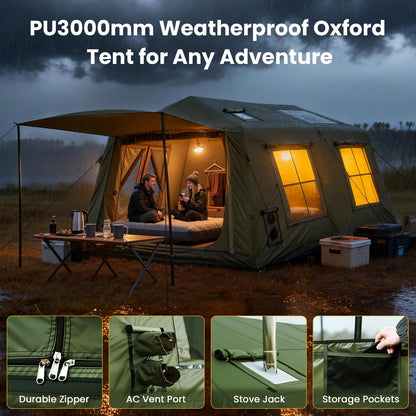 Inflatable camping tent with manual air pump