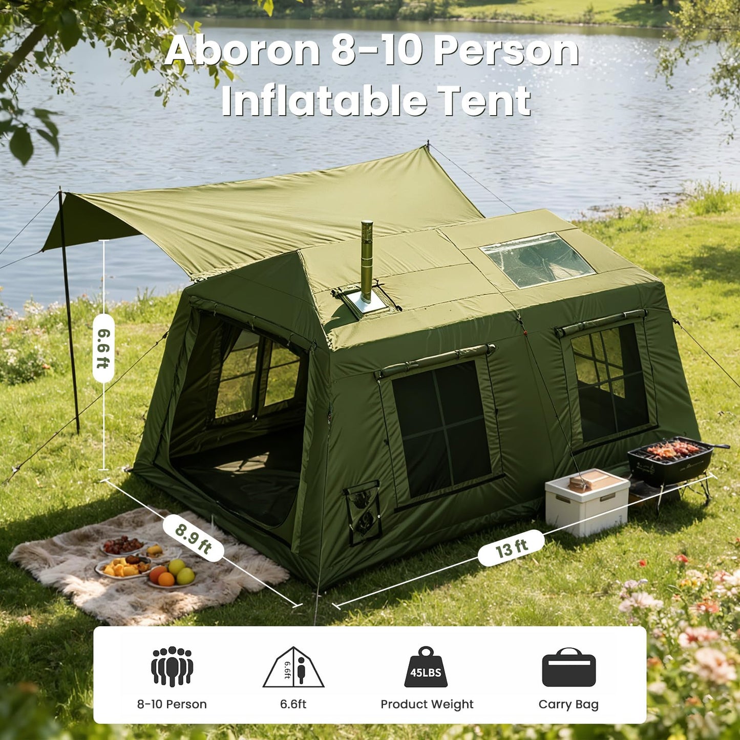 Inflatable camping tent with manual air pump