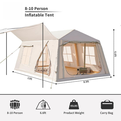 Inflatable camping tent with manual air pump