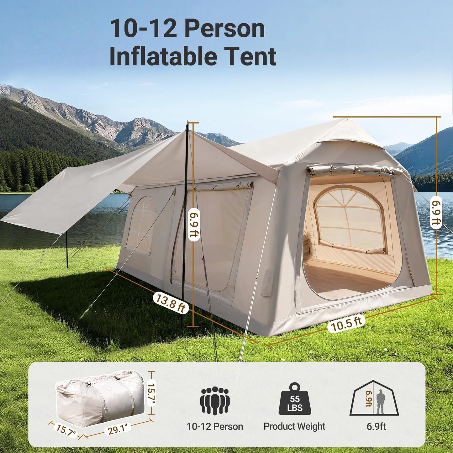 Inflatable camping tent with manual air pump