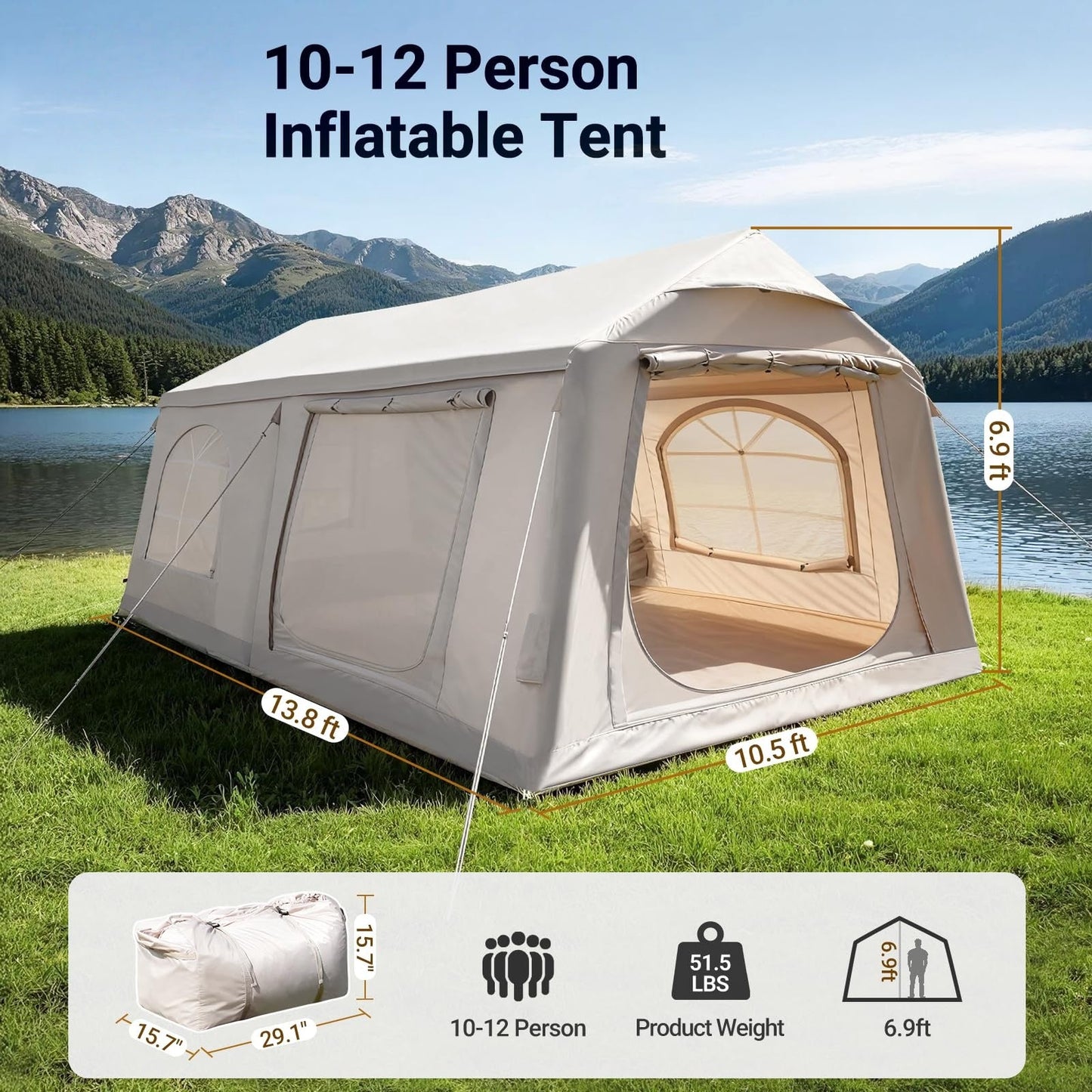 Inflatable camping tent with manual air pump