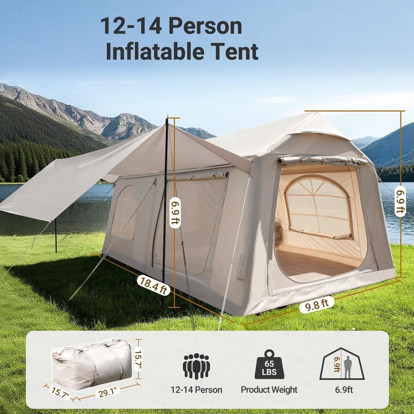 Inflatable camping tent with manual air pump