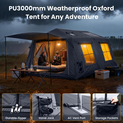Inflatable camping tent with manual air pump
