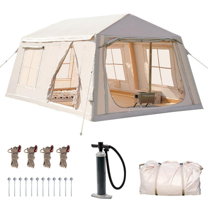 Inflatable camping tent with manual air pump