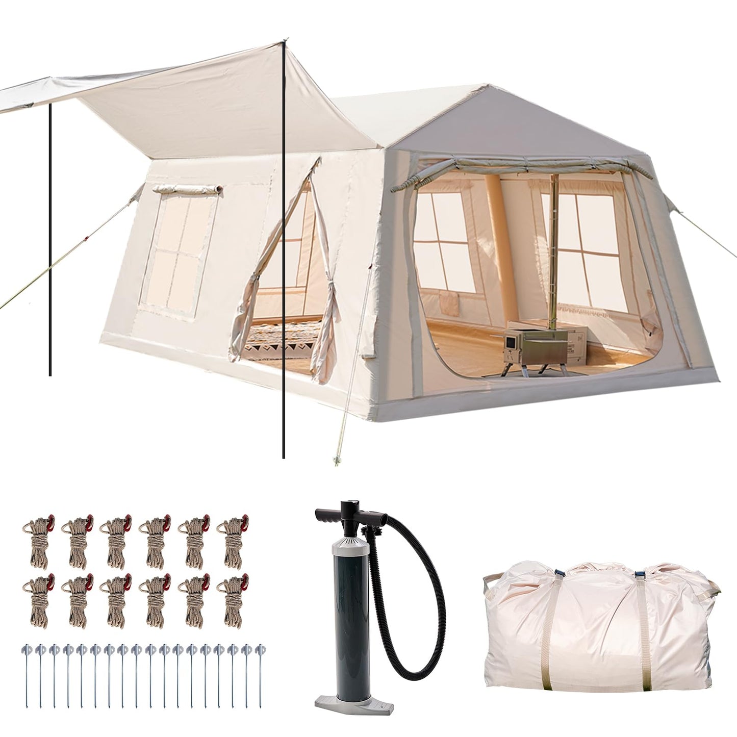 Inflatable camping tent with manual air pump